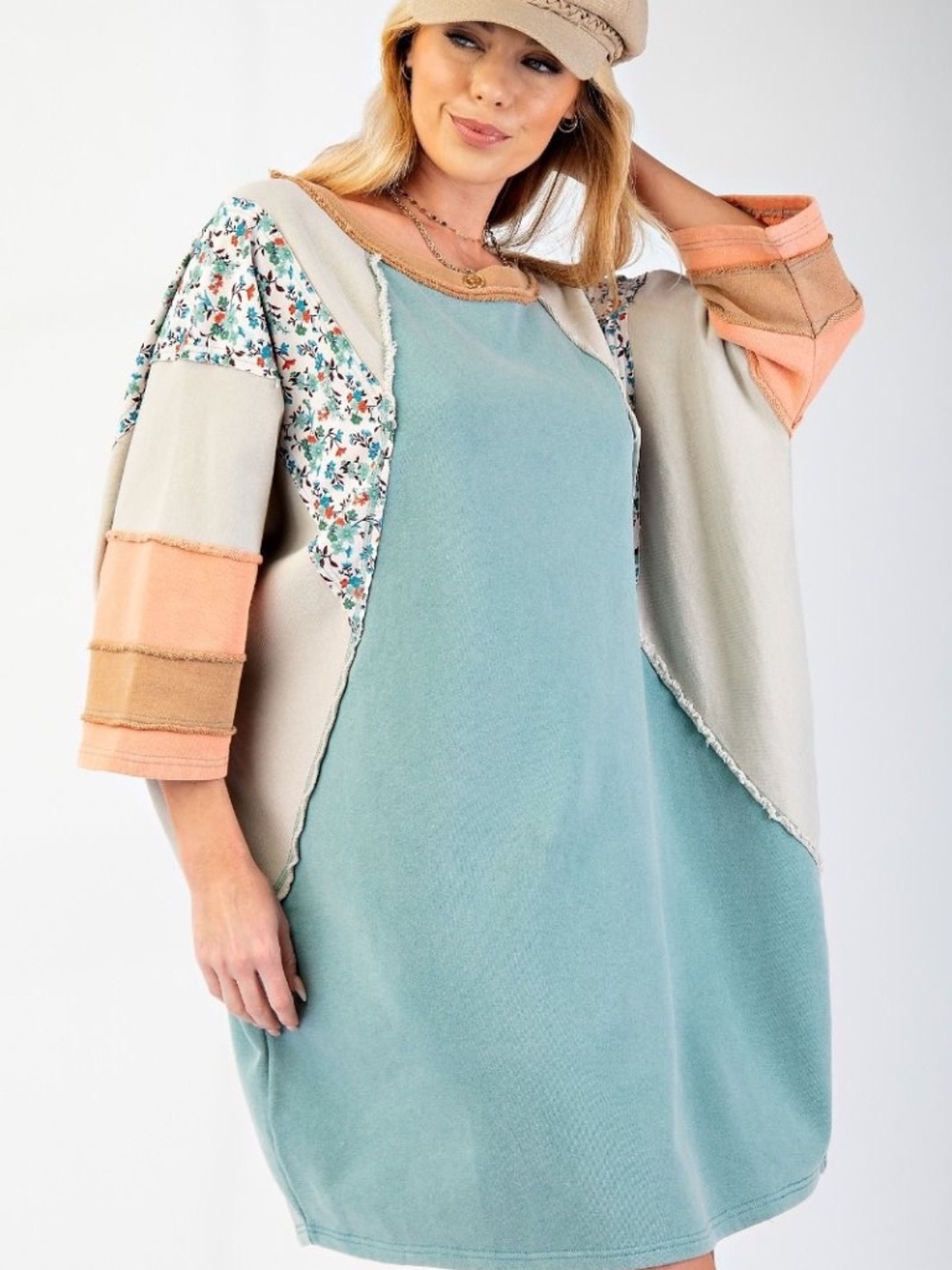 New Easel Teal Washed Terry Cotton Knit 1/2 Sleeve Pullover Tunic Dress Plus Sz